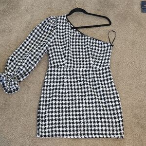 SHEIN Black and White Houndstooth One-Shoulder Dress -LG